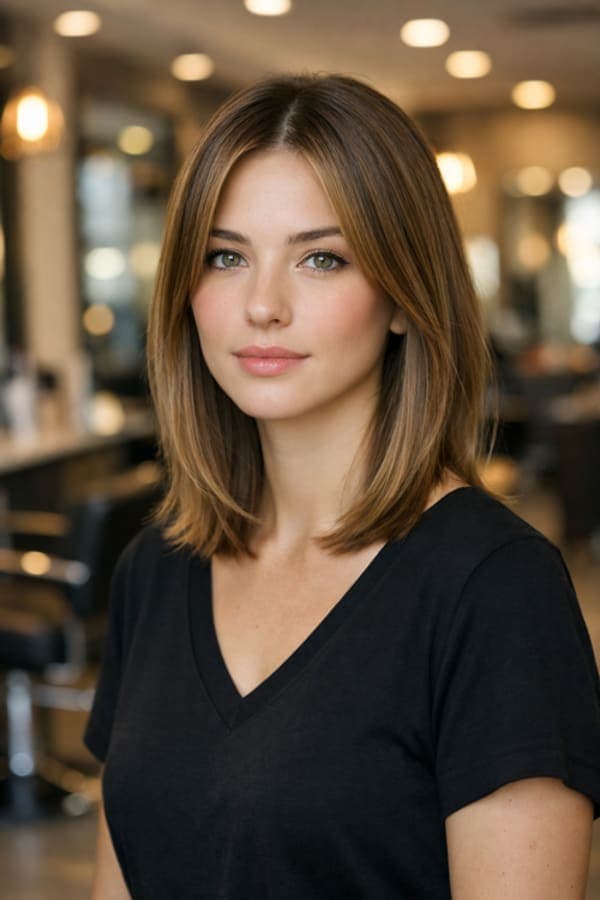 young woman in modern hair salon with soft natural lighting and straight highlighted hair
