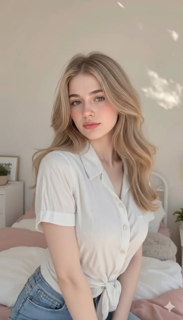 Hyper-realistic portrait of a young blonde woman sitting on a bed in a cozy, softly lit bedroom with natural sunlight and a calm expression.