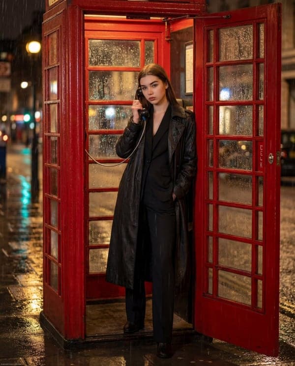 Ultra-photorealistic cinematic scene of a confident woman standing inside a red London telephone booth at night during rain with dramatic lighting and wet city reflections.