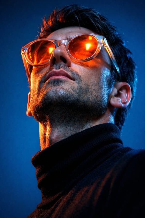 Hyper-realistic cinematic close-up portrait of a man wearing glowing orange futuristic sunglasses with dramatic cyberpunk neon lighting and a low-angle perspective.