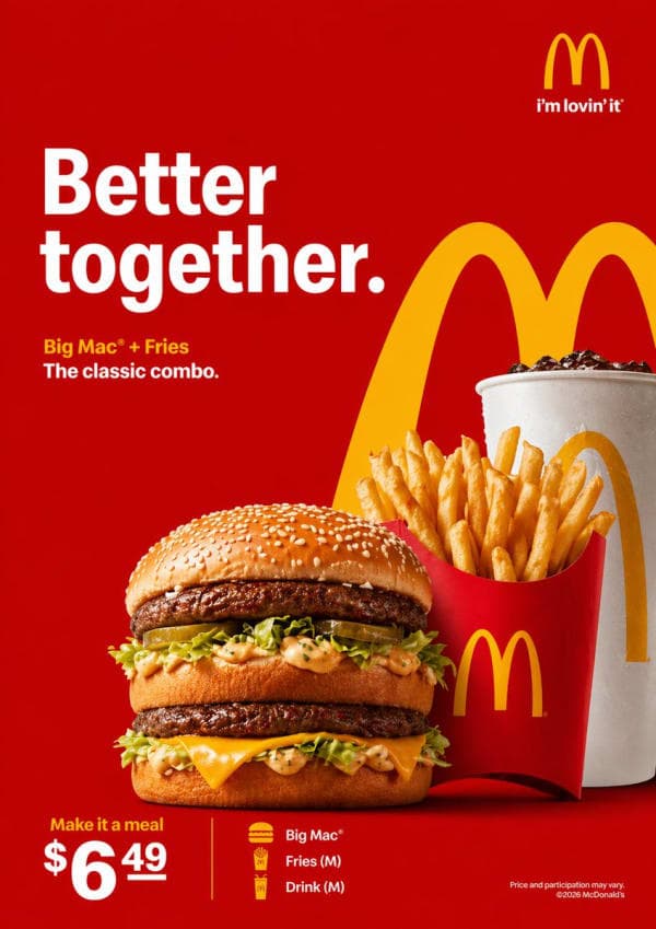 Premium McDonald’s-style advertisement featuring a realistic Big Mac combo meal with fries and drink on a bold red background with golden arches branding.
