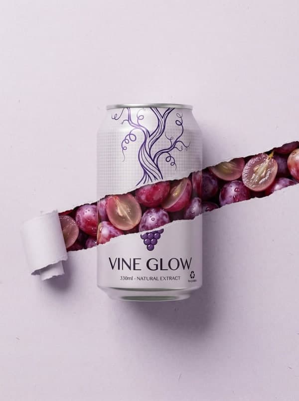 Minimalist grape beverage can labeled “Vine Glow†with a torn paper effect revealing fresh red and purple grapes inside under soft studio lighting.