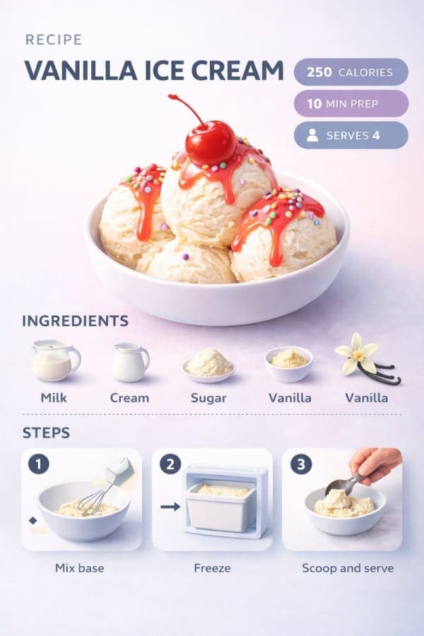 Modern infographic showing vanilla ice cream recipe with ingredients, steps, and nutrition badges in a clean pastel dessert design layout.