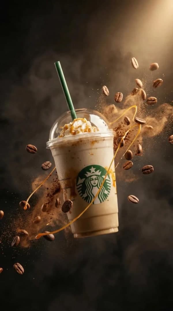 Ultra-realistic floating caramel frappuccino with whipped cream, coffee bean explosion, and swirling caramel trails under dramatic studio lighting.