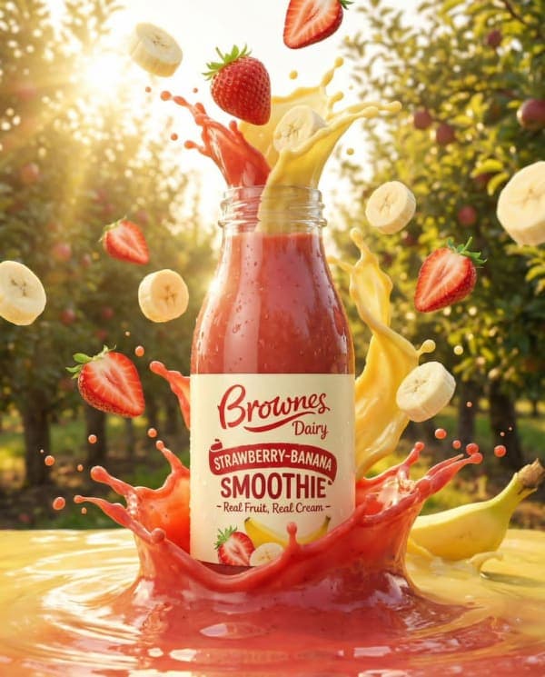 Hyper-realistic fruit drink bottle surrounded by exploding orange, kiwi, strawberry, mango, and passionfruit with dynamic liquid splash in cinematic golden sunlight.