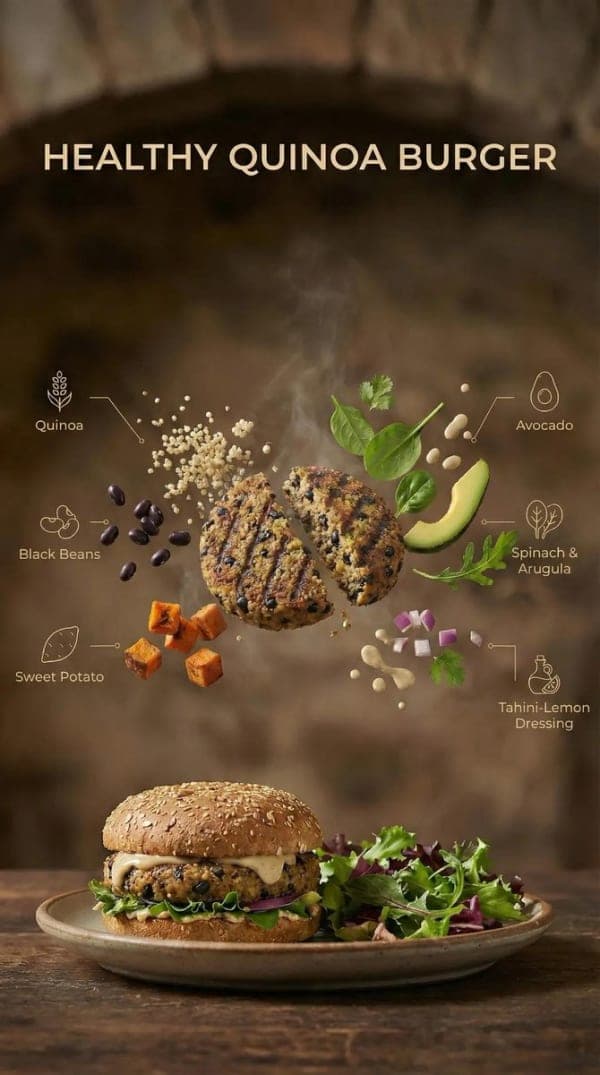 Hyper-realistic floating quinoa burger ingredients exploding above a plated burger with steam, grains, vegetables, and sauce droplets in cinematic studio lighting.