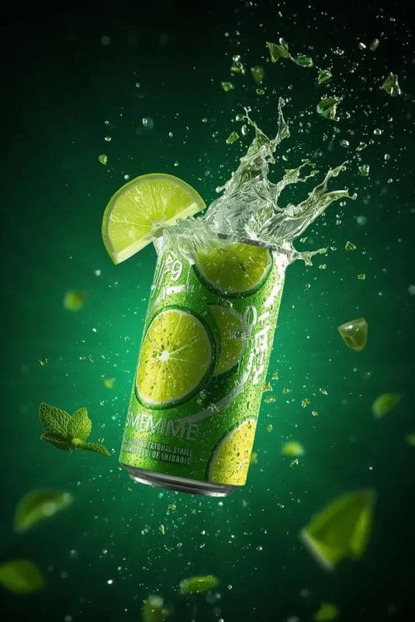 Ultra-cinematic lime soda can exploding with lime wedges and neon-green liquid droplets in a heroic low-angle beverage commercial shot with dramatic backlighting.