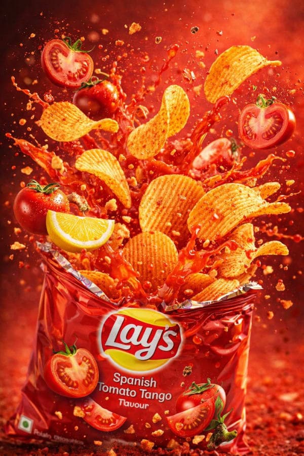 Lay’s Spanish Tomato Tango chip packet bursting with golden chips, tomato sauce splashes, and floating tomatoes in a cinematic red FMCG advertisement scene.