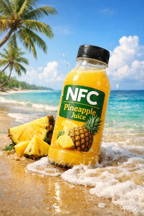 Ultra-realistic NFC juice bottle advertisements in tropical beach, icy mountain, citrus grove, and luxury tropical vacation environments.