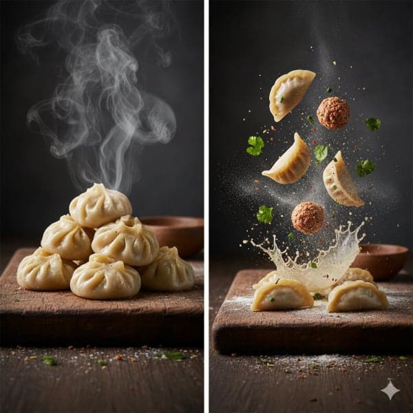 Cinematic macro shot of steamed momos on a rustic wooden board with an exploded view of floating wrappers, filling, herbs, and dramatic steam in a dark kitchen setting.