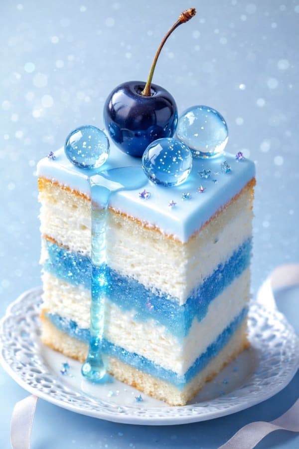 Two hyper-realistic dessert slices: matcha cheesecake with glossy green glaze and a blue layered cake with jelly sparkle layers, both styled in cinematic macro food photography.