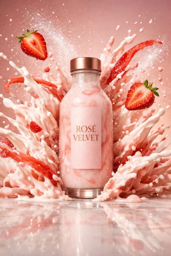 Luxury frosted glass bottle labeled ROSÉ VELVET filled with strawberry shake, surrounded by frozen creamy splash, floating strawberries, and cinematic studio lighting.