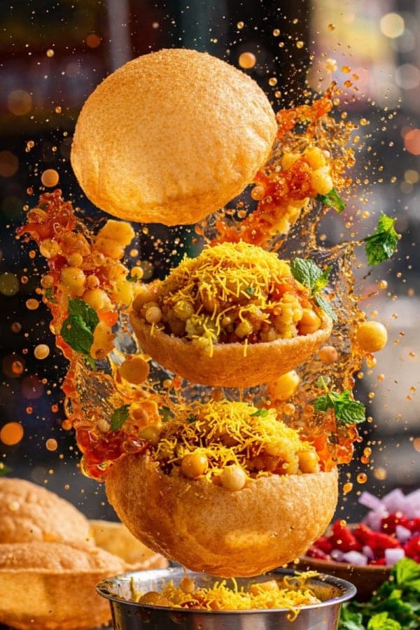 Three cinematic floating food scenes showing a taco with suspended ingredients, grilled skewers with splashing sauce, and sushi rolls with floating sesame seeds in dramatic studio lighting.
