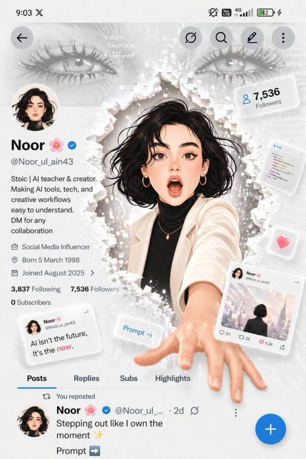 A futuristic white-themed social media profile interface featuring a young woman emerging from a pixel-glitch portal surrounded by floating UI elements, cinematic lighting, and modern minimalist design.