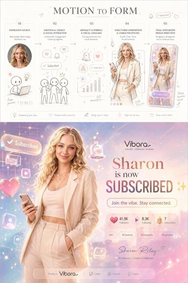 A vertical A4 concept-to-form design poster featuring a cinematic pastel hero portrait, process diagrams, floating UI elements, social media icons, and modern editorial advertising aesthetics.