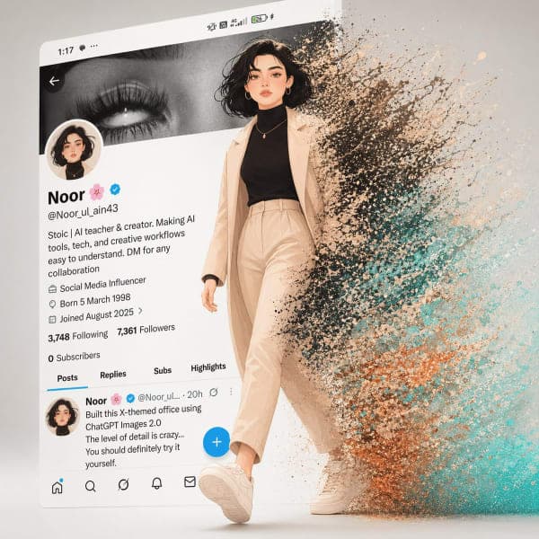 A cinematic digital artwork of an animated girl stepping out of a modern X profile interface while dissolving into colorful particle effects with futuristic social media aesthetics and dramatic lighting.
