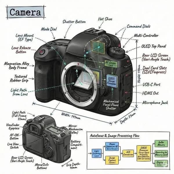 A technical infographic showing a photorealistic object on a white background with black ink annotations, exploded-view lines, labels, measurements, and architectural sketch-style overlays.