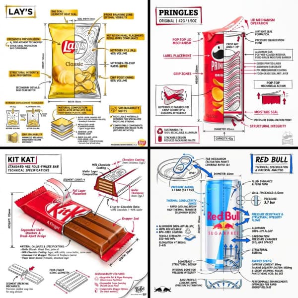 A branded technical infographic of a snack featuring a photorealistic product render with black ink annotation overlays, cross-section details, measurements, and accent highlights on a clean white background.
