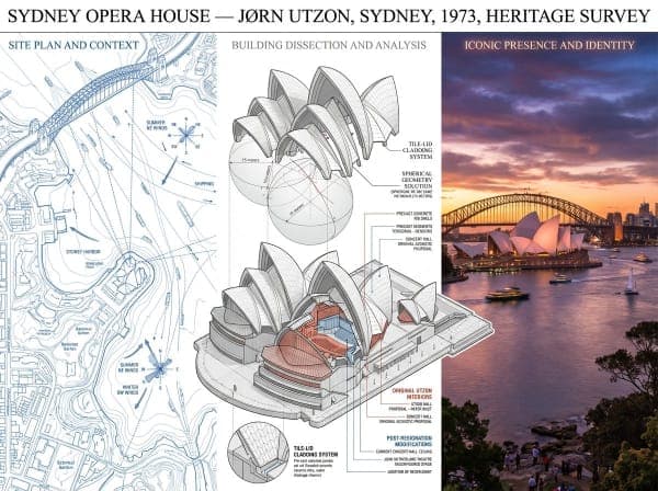 A preservation architecture survey board showing a building through site plan context, structural axonometric cutaway, and cinematic human-scale photography arranged in a three-part analytical layout.