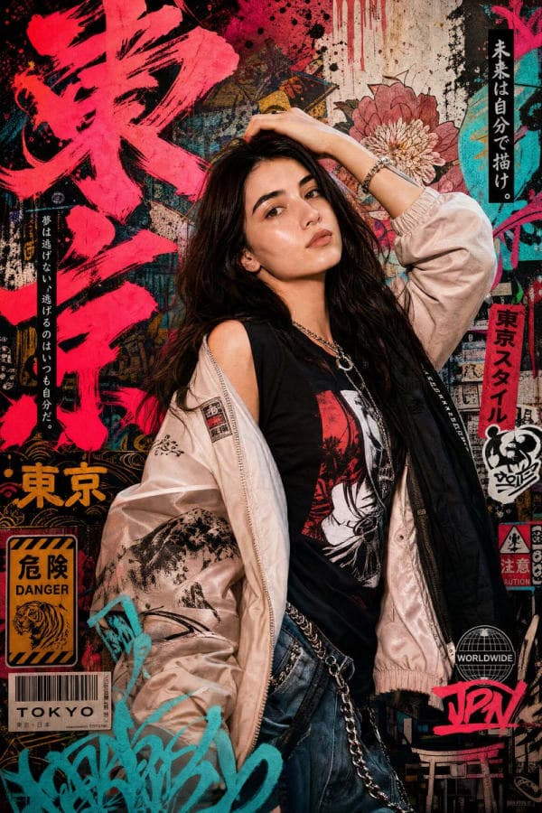 A high-detail Japanese graffiti-inspired fashion portrait poster featuring dynamic street typography, spray paint textures, neon accents, and cinematic urban fashion styling.