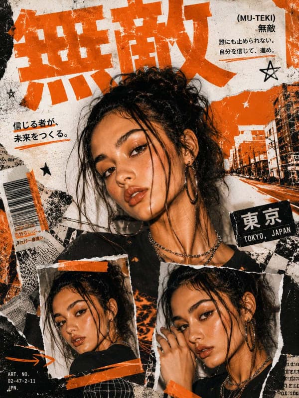A Y2K Japanese street-editorial collage poster featuring a cinematic close-up portrait, torn magazine textures, bold typography, and gritty fashion zine aesthetics with layered paper and urban Tokyo-inspired design.