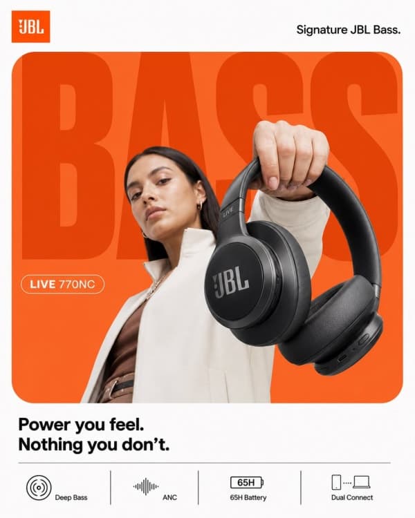 A minimalist product campaign poster featuring JBL headphones with bold typography, orange color blocking, clean white background, and Apple × Nike inspired graphic design style.