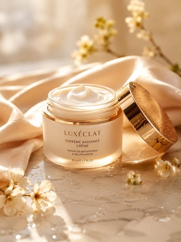 A premium skincare cream jar on a marble surface surrounded by beige silk fabric, flowers, and warm golden sunlight with cinematic luxury beauty photography styling.