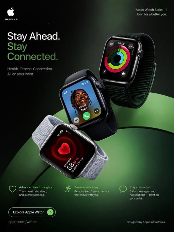 A luxury Apple Watch Series 11 campaign poster featuring floating smartwatches with cinematic lighting, emerald green accents, premium typography, and Apple-style minimalist commercial design.