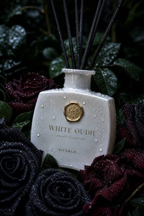 Luxury white glass reed diffuser bottle labeled White Oudh surrounded by dark roses and wet petals, covered in condensation droplets under cinematic low-key lighting.