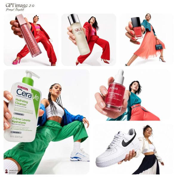 Low-angle fashion advertisement with model holding a product close to camera in a white studio, creating strong forced perspective and modern commercial aesthetic.