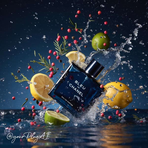 Luxury cinematic perfume advertisement template featuring a customizable perfume bottle in dramatic elemental environments with premium lighting and high-end product photography style.