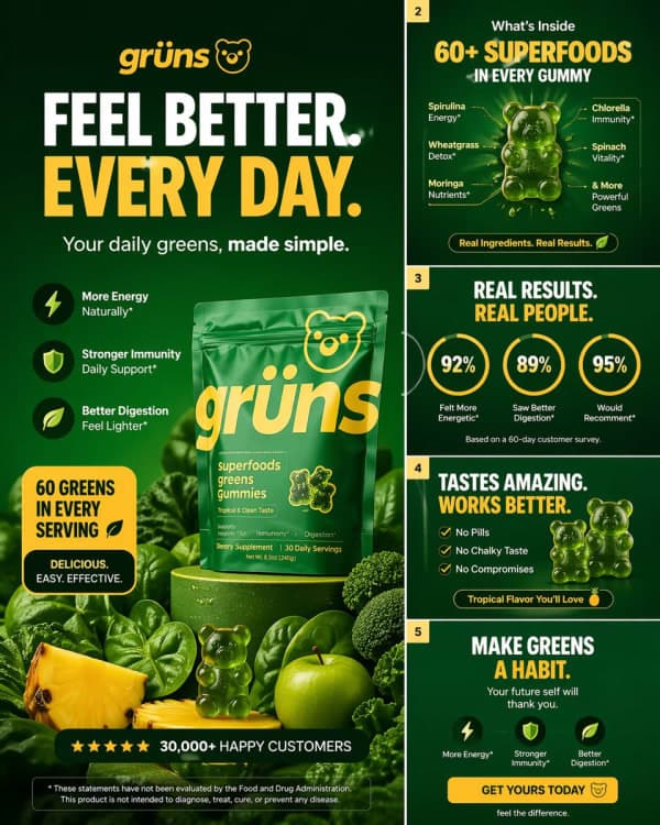 High-converting mobile-first carousel ad design for greens gummies with bold marketing hook, clean layout, and premium DTC branding style.
