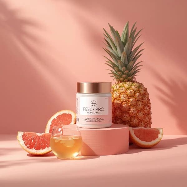 Minimal luxury collagen supplement jar on pastel peach background with pineapple, grapefruit slices, and warm sunlight casting soft shadows in an editorial product shot.
