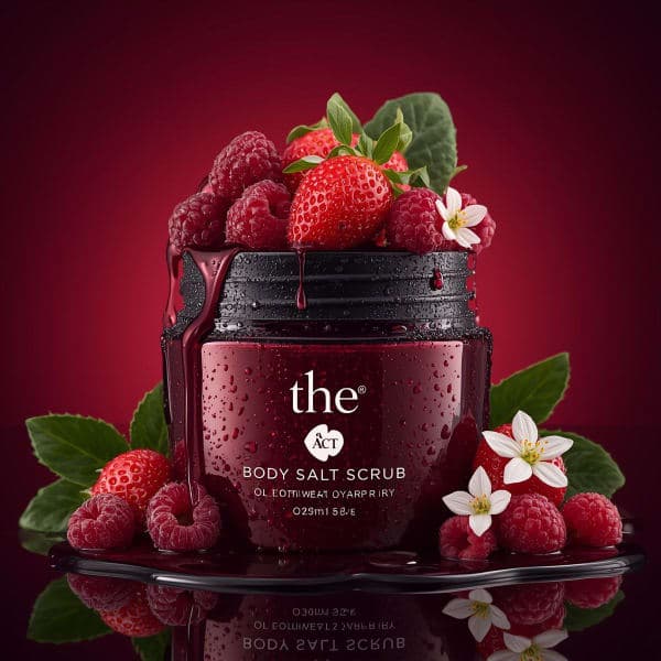 Luxury skincare jar assembly animation showing strawberries, raspberries, flowers, and leaves smoothly forming a premium cosmetic composition on a red reflective surface.