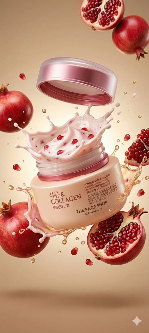 Luxury collagen skincare jar exploding mid-air with whipped pink cream, pomegranate seeds, and floating fruit elements in a warm beige cinematic studio background.