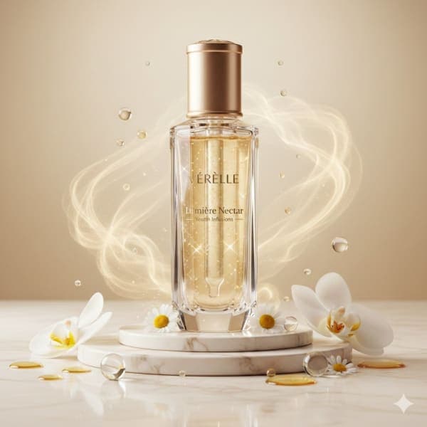 Luxury crystal skincare vial labeled VÉRÉLLE Lumière Nectar surrounded by orchids, honey droplets, and golden mist in a Parisian-inspired ivory studio setting.