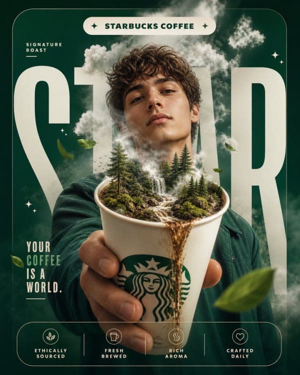 Surreal cinematic coffee advertising posters featuring Starbucks, Costa, Tim Hortons, and Dunkin cups transforming into miniature worlds with forests, cities, warmth, and explosive creative visuals.