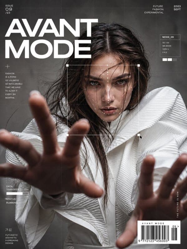 Avant-garde fashion model in white couture with futuristic UI overlays, face detection boxes, grids, and tracking markers in a Vogue-style cinematic editorial portrait.