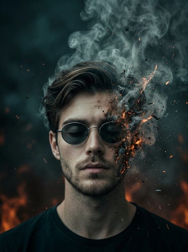 Surreal cinematic portrait of a young man with sunglasses and calm expression as half his face dissolves into smoke, ash, and glowing embers in a dark dramatic atmosphere.
