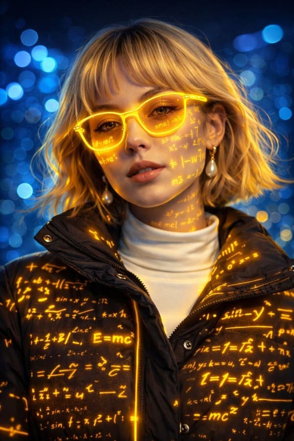 Futuristic cyberpunk portrait of a woman wearing neon yellow glasses with glowing mathematical equations projected across her face and a blue bokeh sci-fi background.
