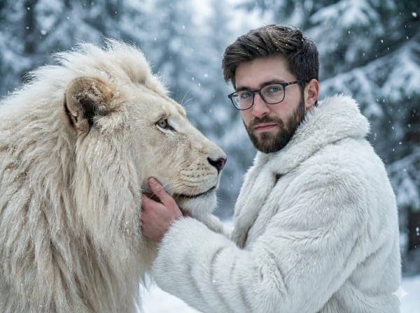 Cinematic ultra-realistic portrait of a man touching a white lion’s face in a snowy forest with soft snowfall and dramatic natural lighting.