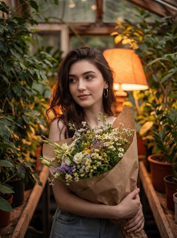 Warm atmospheric portrait of a youthful girl holding a bouquet of flowers surrounded by plants under soft orange lamp lighting.