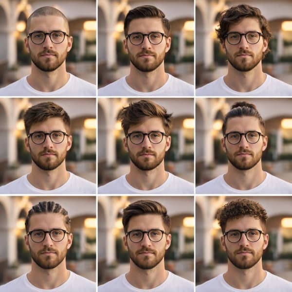 3x3 collage portrait of the same young man featuring nine different modern hairstyles with clean editorial photography style.