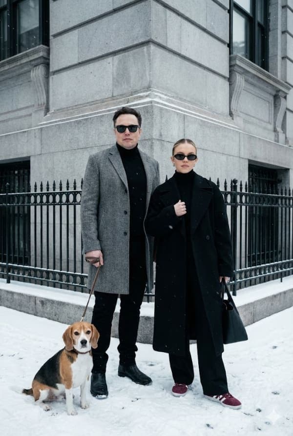 Cinematic ultra-realistic winter street portrait of a stylish couple in luxury coats standing in snowfall with a beagle dog in an elegant urban setting.