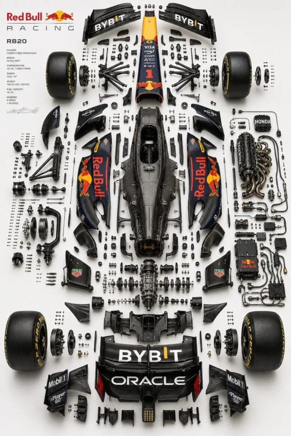 Ultra-precise exploded automotive engineering diagram showing chassis, powertrain, suspension, and components arranged in a studio-lit technical layout.