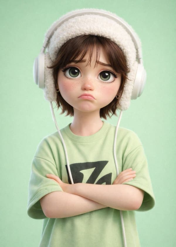 Stylized 3D Pixar-style character of a sad boy wearing a fuzzy beanie and headphones against a pastel green background.