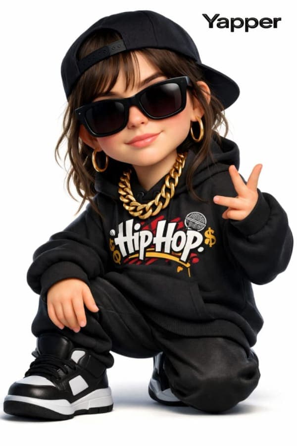 Pixar-style 3D cartoon woman in rap-inspired streetwear with oversized hoodie, sneakers, sunglasses, and chain necklace on a clean white background.