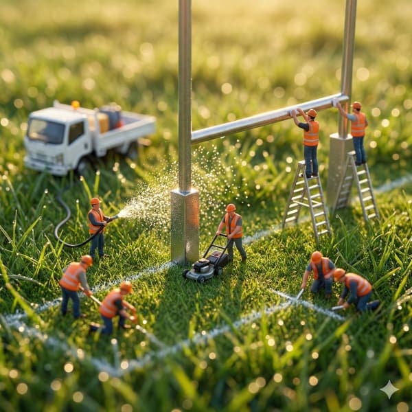 Ultra-realistic macro scene of miniature construction workers building and maintaining a rugby goalpost in a grassy field during golden hour with cinematic lighting.