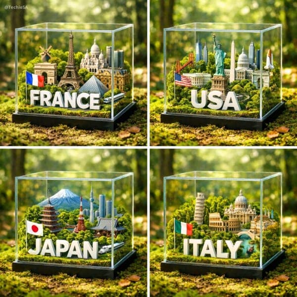 Glass cube diorama placed on a mossy forest floor showing miniature country landmarks with a bold 3D country label and flag inside.