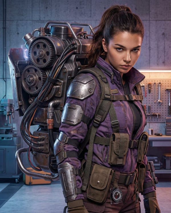 Cyberpunk female mechanic standing in an industrial workshop wearing a purple techwear jacket and massive mechanical exosuit backpack with cinematic lighting.